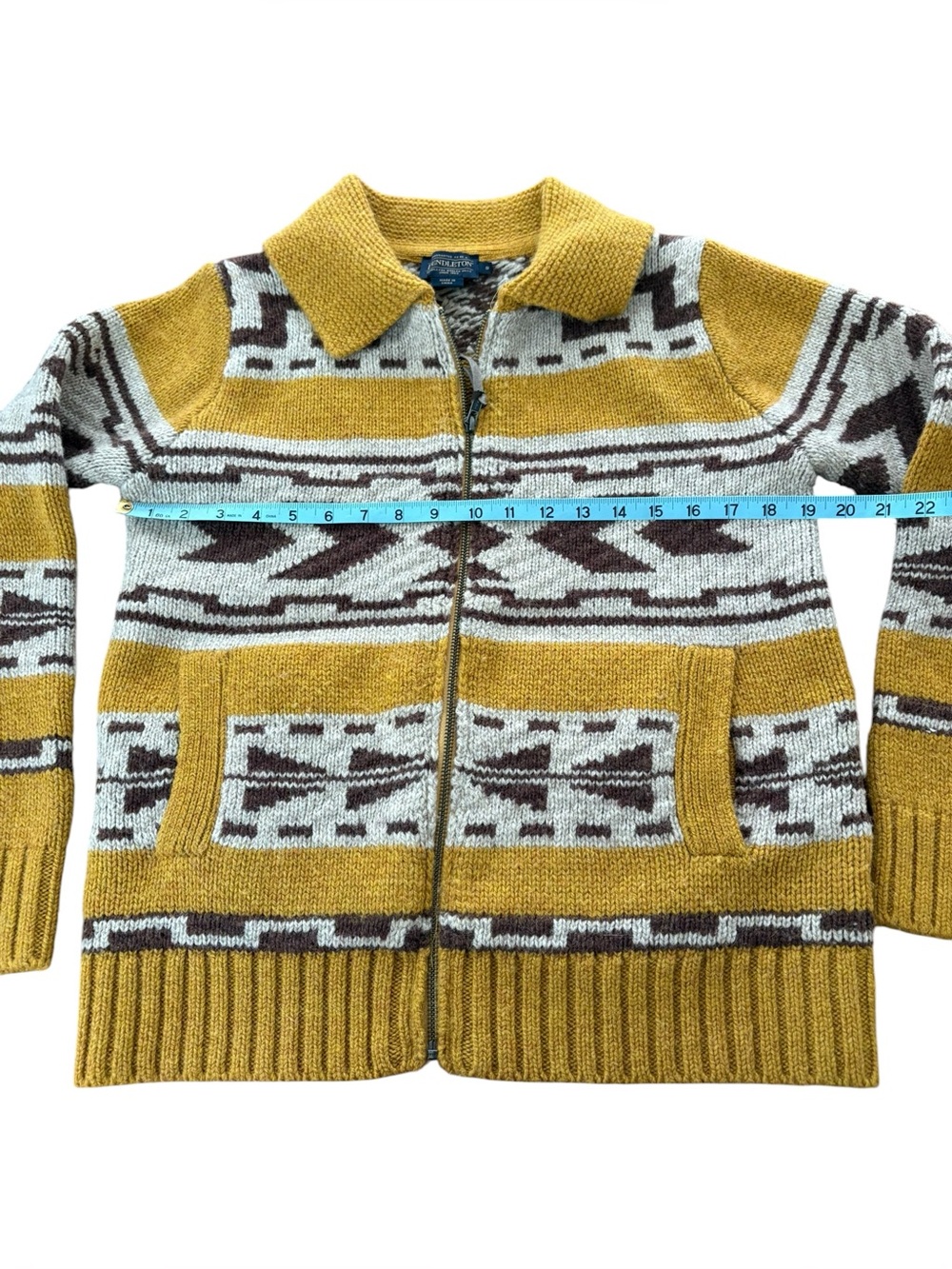 Pendleton Mustard Yellow, Cream & Brown Geometric Zip Cardigan - Picture 6 of 12